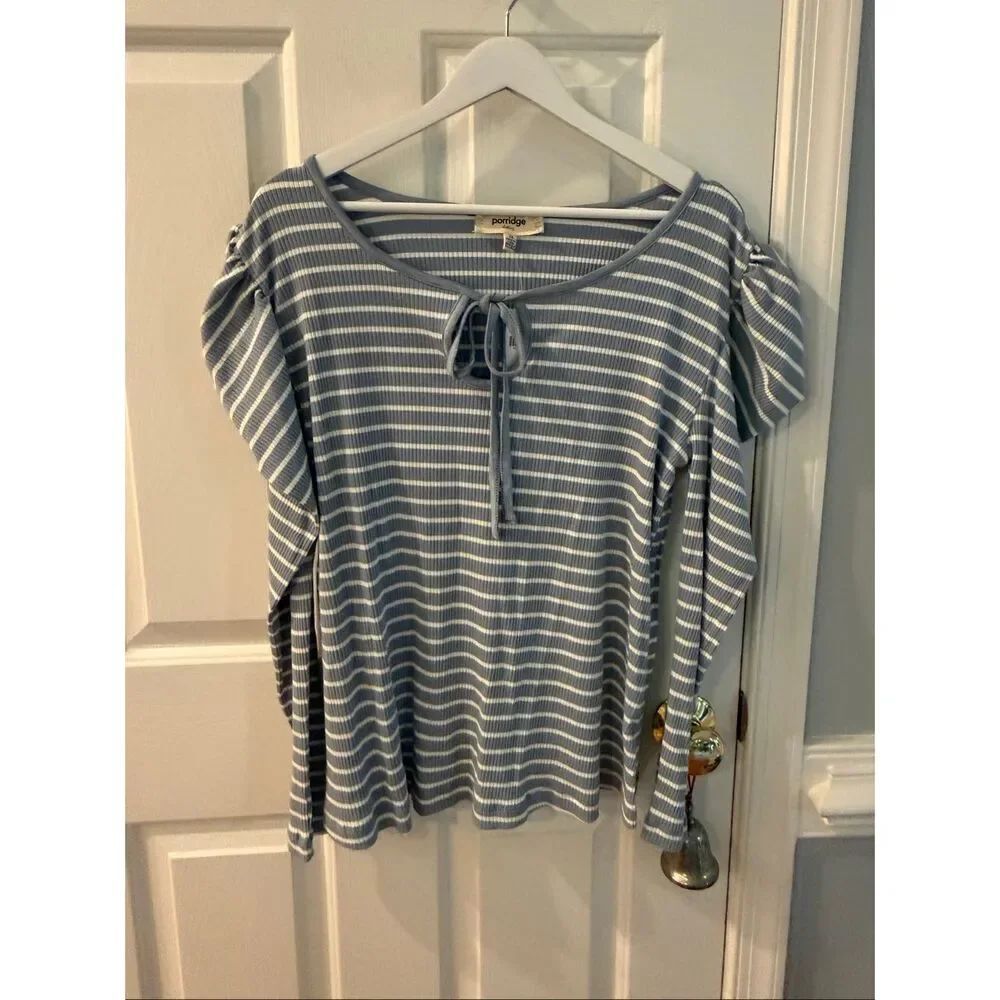 Anthropologie Porridge Blue/Gray Stripe Keyhole Puff Sleeve Top sz 2X NWT